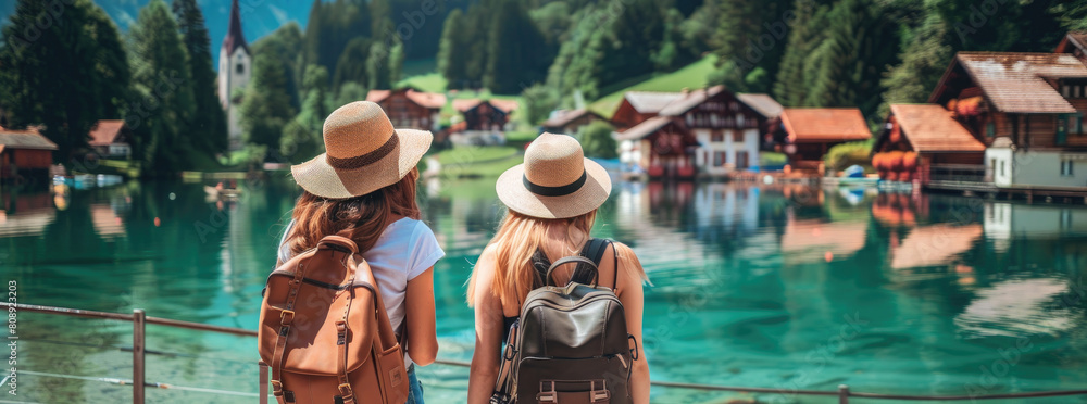 Wall mural Two young women with backpacks wearing sun hats look at the picturesque lake and village of Switzerland, enjoying their summer vacation trip - Wall murals
