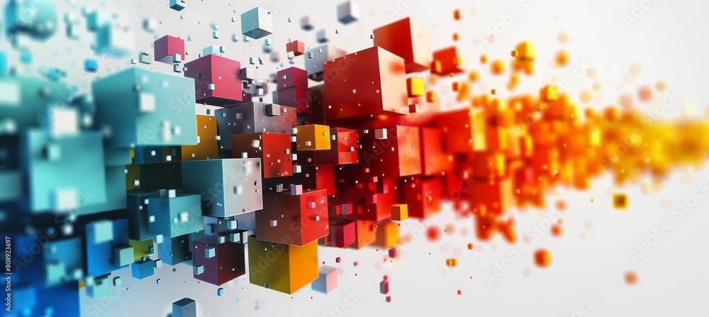 Poster Digital 3D cube block cyberspace technology background. Big data flowing wireless network. Generative AI technology.