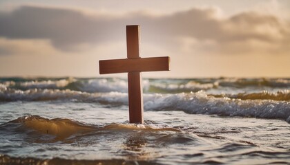 The Wooden Christian Cross In The Wavy Water. 