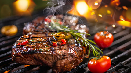 Grilled beef steak with rosemary and garlic on a dark background
