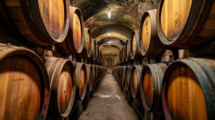 Wine cellar. Wine or whiskey barrels. French wooden barrels