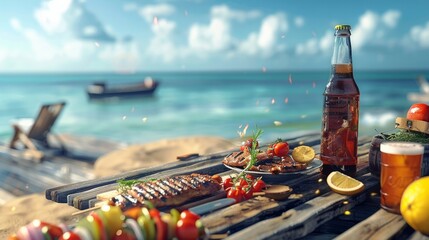 Summer BBQ: Showcase a barbecue scene with grilled food, condiments, and a chilled bottle of beer on the wooden table. The blurred sea serves as a backdrop, highlighting the outdoor summer gathering. 