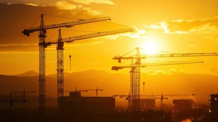 Fototapeta premium Construction of new residential high-rise buildings. Against the background of a yellow sunset sky