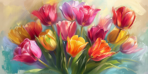 Vibrant Tulips in Soft Pastel Tones: Colorful Digital Painting for Springtime Decor and Art Prints