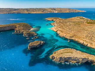 Drone view of Blue lagoon on Comino island. Boats. Mediterranean sea, Malta © Karina Movsesyan