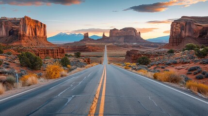 Middle of the road viewpoint with sandstone rock formations on either side of modern asphalt transportation route.