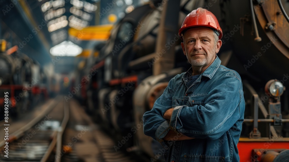 Poster portrait of senior manager and engineers standing together in railway workshop. maintenance supervis