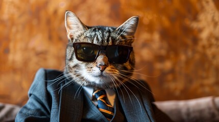 A Wild Cat Wearing Wearing A Business suit and tie with black sunglasses and sitting confidently on a couch .