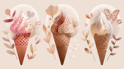 A trio of spot illustrations depicting whimsical ice cream cones, each one featuring unique patterns and designs inspired by nature, such as floral motifs, leafy vines, and delicate butterflies, set 