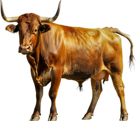 Brown bull with large horns isolated cut out on transparent background