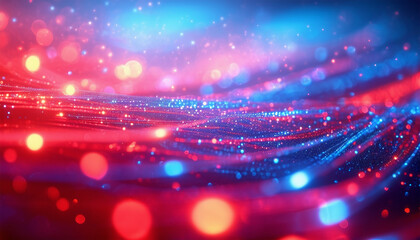 Close up of fiber optic light background with bokeh effect, in the red and blue colors