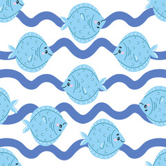 Fototapeta premium Children's vector seamless pattern with cute sea fish on the background of abstract blue waves. Ideal for baby bedding, wallpaper, wrapping paper, fabric, textiles, T-shirt prints