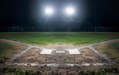 The baseball field in the stadium, decorated with shining floodlights, awaits the competition between teams, filled with anticipation and hope for victory.