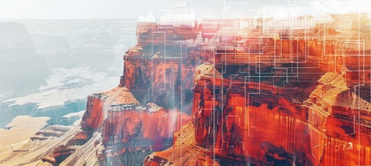 Red stone canyon landscape with digital technology elements. Geology rock formation. Generative AI technology.	
