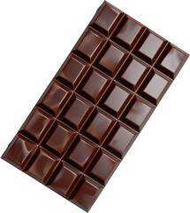 Dark chocolate bar with square pattern cut out on transparent background