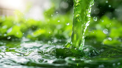 green liquid is being poured into clear glass, creating small splash, fluid flow movement action