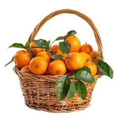 Tangerines with leaves on the basket isolated on transparent background. Fruits element for design.