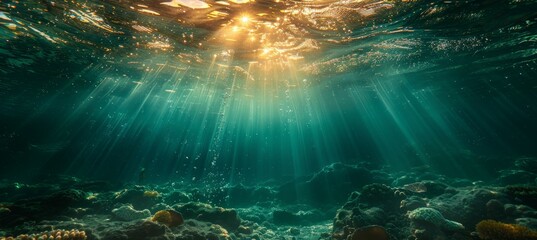 Lights through dark underwater seabed. Marine wildlife nature panorama. Generative AI technology.	
