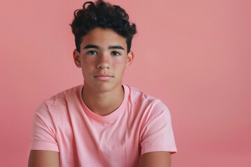 Boy is wearing pink shirt. Pink shirt day concept