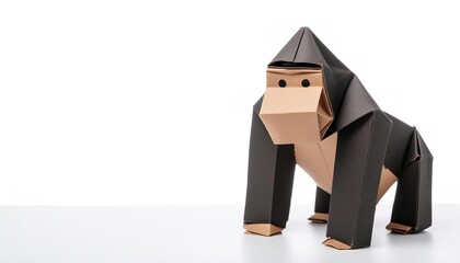 Animal concept paper origami isolated on white background of a gorilla with copy space side view, simple starter craft for kids