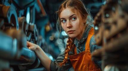 Young woman mechanic in inspection pit looking at the checklist while examine train components beneath the carriage.