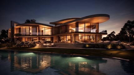 modern luxury house with swimming pool lit up at night.AI generated image