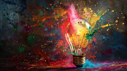 Creative light bulb exploding with colorful paint and splashes on a solid background surface