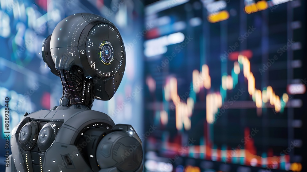 Poster futuristic ai robot analyzing stock market trends. modern technology and finance. automated trading 