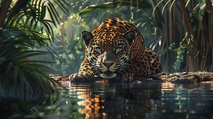 4K wallpaper of a jaguar crouched near a riverbank, its intense gaze reflecting in the water and...