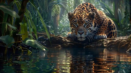 4K wallpaper of a jaguar crouched near a riverbank, its intense gaze reflecting in the water and...