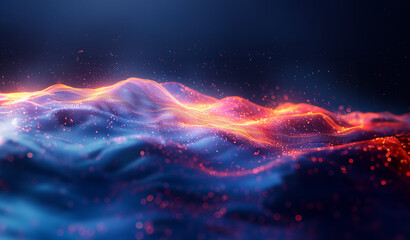 Abstract digital background with colorful glowing lines forming waves and hills, representing data visualization in the style of technology or science. Colorful gradient lines and glowing dots. - obrazy, fototapety, plakaty