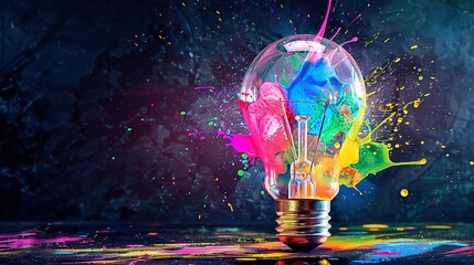 Creatively exploding Light bulb with colorful paint splashes , solid black background