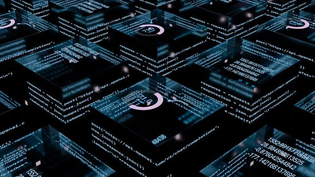 Futuristic Visualization of Data processing in Cube-shape multi-core processor. Displaying API Transactional Information.  Technology product and AI background