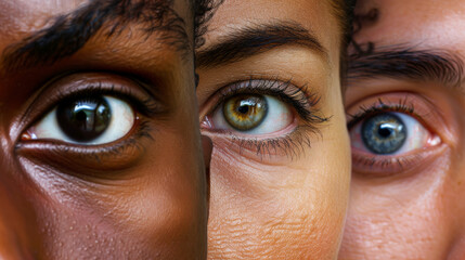 close-up of diverse eyes looking towards the camera, strong focus on eyes, multicultural representation