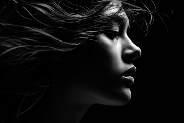 woman's face is shown in a black and white photo, with her hair blowing in the wind. The photo has a moody and dramatic feel, as the woman's face is the only focus and the lighting is dark - Powered by Adobe