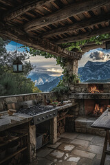 Fototapeta premium An evening view of a cozy outdoor seating area with a fire pit, surrounded by nature and a rustic building