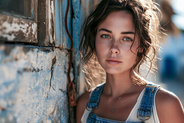 Naklejka premium A woman with a green eye stands in front of a blue wall. She is wearing a blue overalls and a necklace
