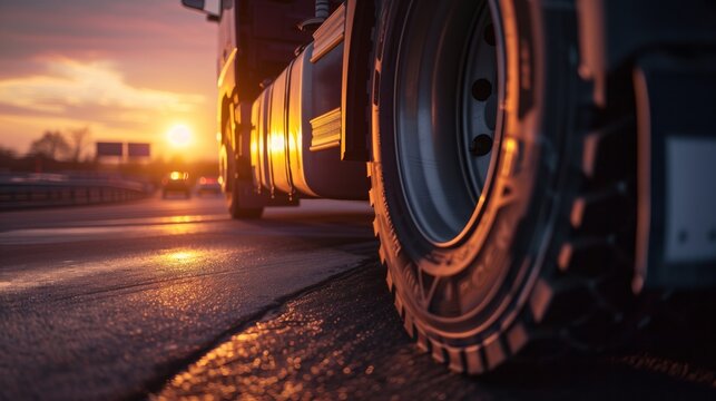 Close-up of the truck wheels from the side against the road and the setting sun