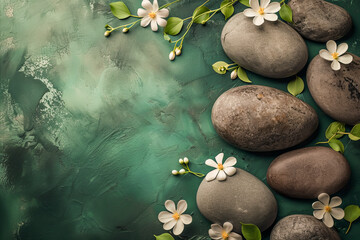 Stones and plumeria flowers on weathered turquoise wood, conveying a serene, spa-like atmosphere with a touch of tranquility
