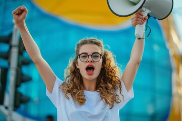 energetic woman with megaphone making loud announcement communication concept - obrazy, fototapety, plakaty