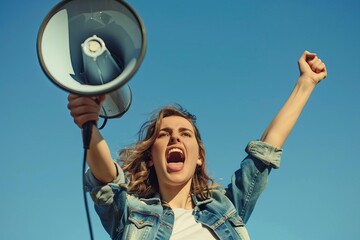 energetic woman with megaphone making loud announcement communication concept - obrazy, fototapety, plakaty