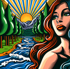 Red hair woman in nature, forest and brook and sunset in popart style