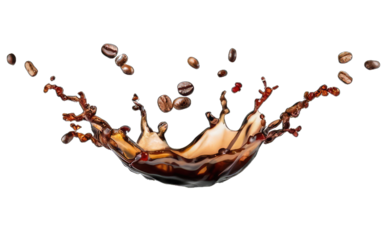 A splash of coffee with coffee beans floating in the air. The coffee beans are scattered all over the splash, creating a sense of motion and energy
