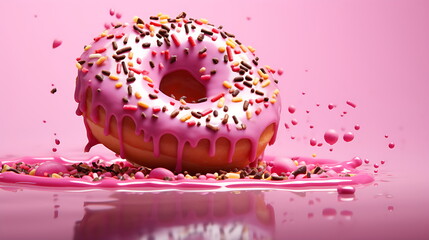 Pink donut flying and dropping onto white glossy background. Generative AI