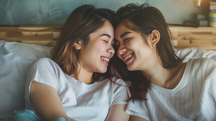 Beautiful asian young lesbian LGBTQ couple or friends touching cheek and looking together smile and relax on bed.Happiness LGBTQ couple woman spending time together at home. LGBTQ Lifestyle Concept St