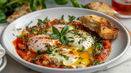 Close-up of a vibrant algerian shakshuka dish with poached eggs, tomato sauce, herbs, and crusty bread on a white table