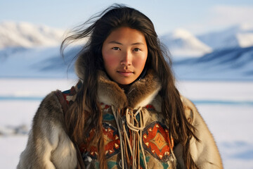 Inuit woman in fur coat against Alaska backdrop - obrazy, fototapety, plakaty