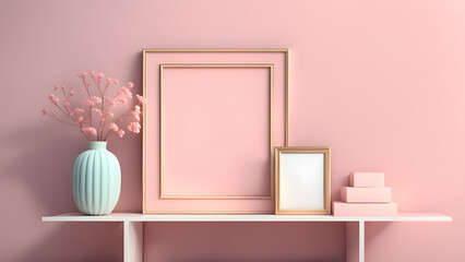 a vase with flowers and a picture frame on a shelf pastel background soft color