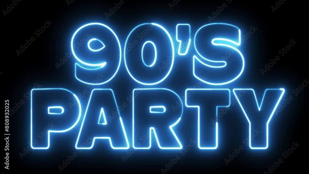 Poster 90's party text font with neon light. luminous and shimmering haze inside the letters of the text 90