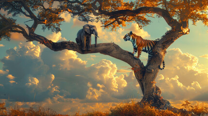 Elephant and tiger share a serene moment on a mystical tree branch with clouds in background